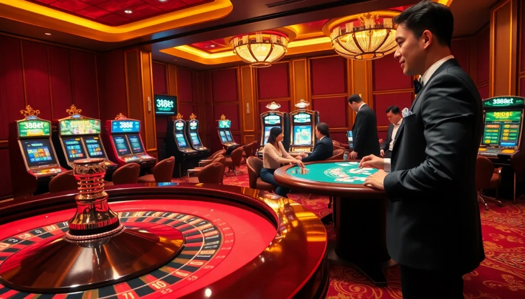 Exciting casino scene with players engaging at 388bet roulette and poker tables in luxury.