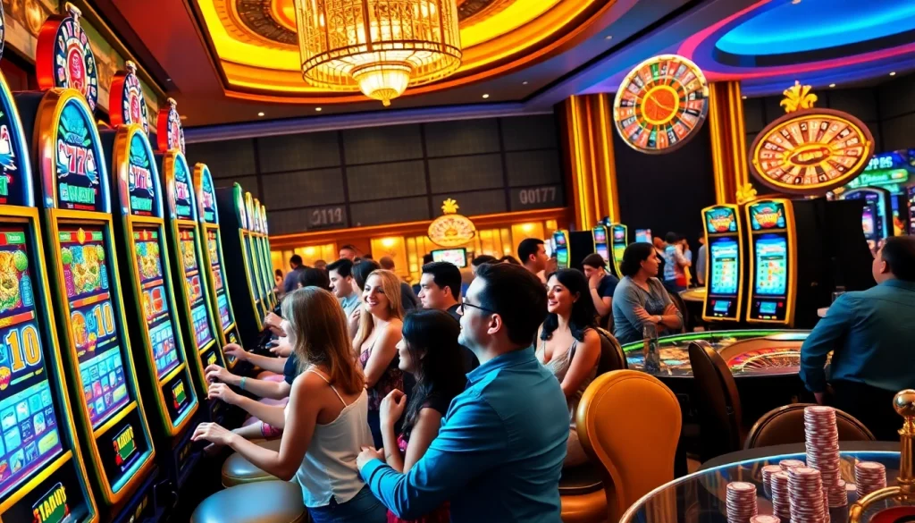 Players enjoying thrilling slot games at a luxury casino featuring gori77, vibrant graphics, and exciting atmosphere.