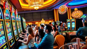 Players enjoying thrilling slot games at a luxury casino featuring gori77, vibrant graphics, and exciting atmosphere.