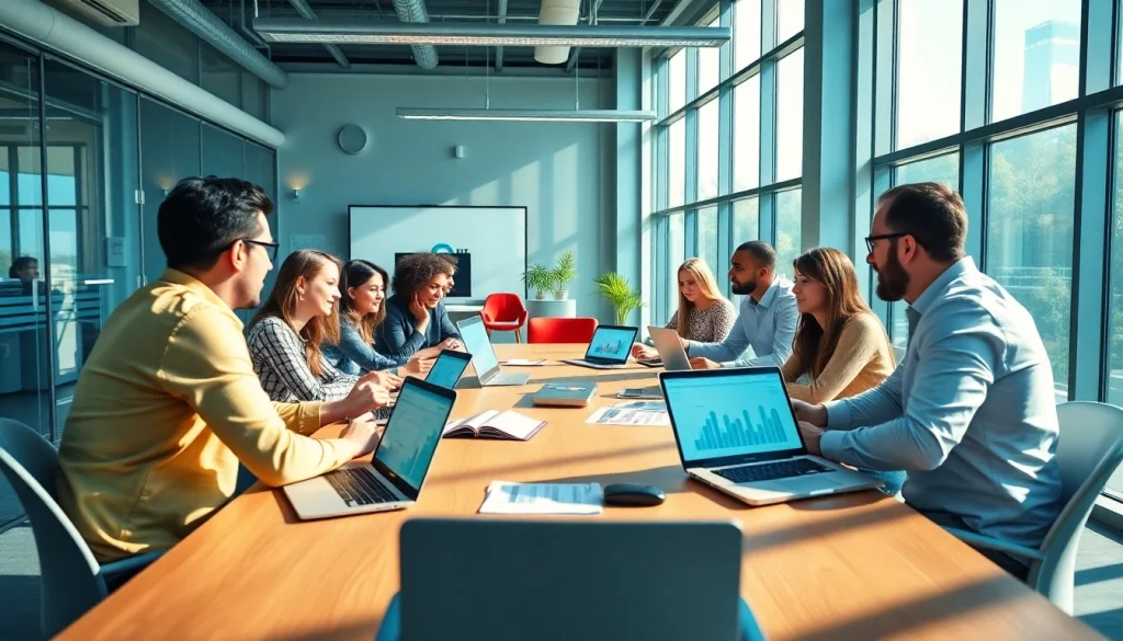 Collaborative team discussing strategies for https://www.pnmmedia.com in a modern office setting.