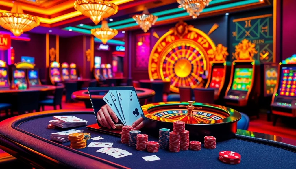Experience the excitement of betting at nhà cái e2bet with vibrant casino visuals featuring poker tables, roulette wheels, and slot machines.
