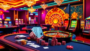 Experience the excitement of betting at nhà cái e2bet with vibrant casino visuals featuring poker tables, roulette wheels, and slot machines.