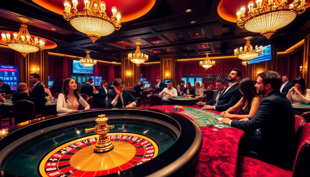 KJC casino scene featuring vibrant roulette table and excited poker players in luxury setting