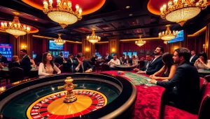 KJC casino scene featuring vibrant roulette table and excited poker players in luxury setting