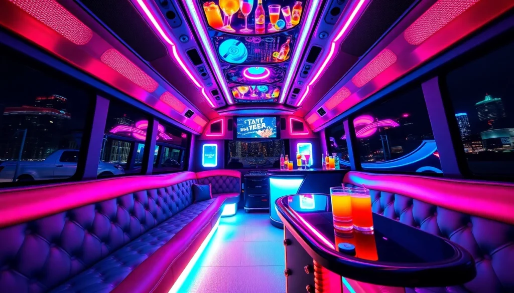 Stylish party bus interior for hire in London with vibrant lights and luxury seating.
