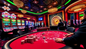 Players enjoy a thrilling night at the casino with hm88 poker tables and colorful chips.