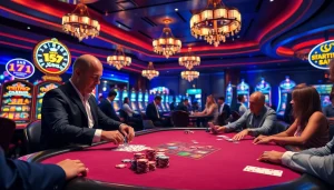 Watch players strategizing during a high-stakes poker game at https://nohulive.one/ casino, showcasing chips and cards.