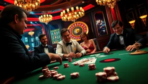 The thrilling excitement of game 98win at a high-stakes poker table with players and chips.