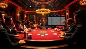Players engage in high-stakes poker at a luxurious casino, featuring elements from https://rr88.navy/ for an immersive experience.