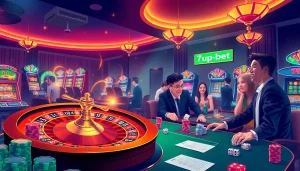 Engaging gamblers in a high-energy casino scene with 7upbet, featuring roulette and poker.