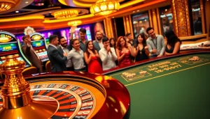 Gamblers at an exciting KJC casino scene strategize at the poker table with roulette in the background.