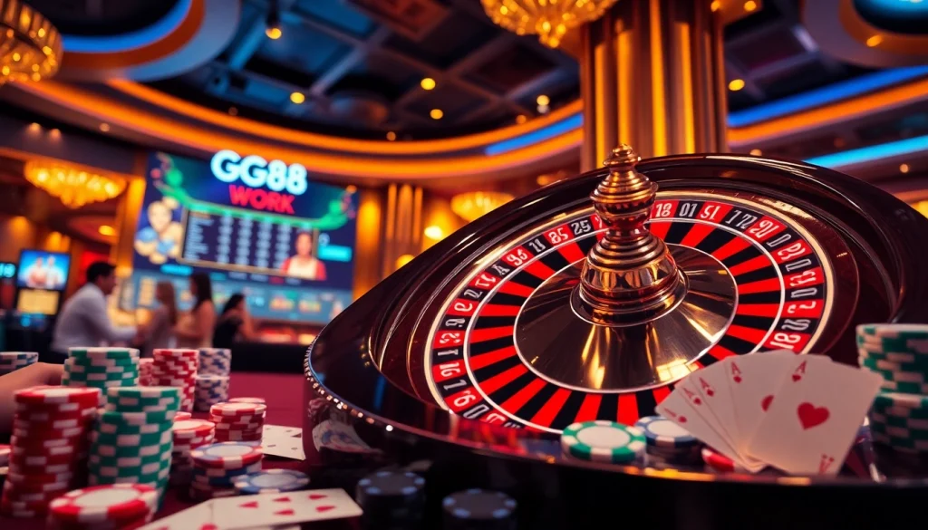 Experience the excitement of GG88 WORK through this vibrant casino scene with roulette and cards.