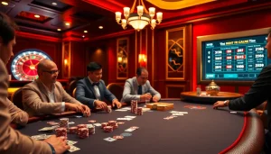 Poker players strategizing their moves in an opulent casino setting, showcasing MV66 dynamics.