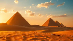 Discover the iconic pyramids amid a stunning sunset, showcasing the majestic piraminds against a glowing sky.