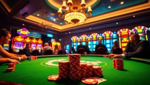 Engage with boosterjp at a vibrant casino poker table featuring players and colorful chips.