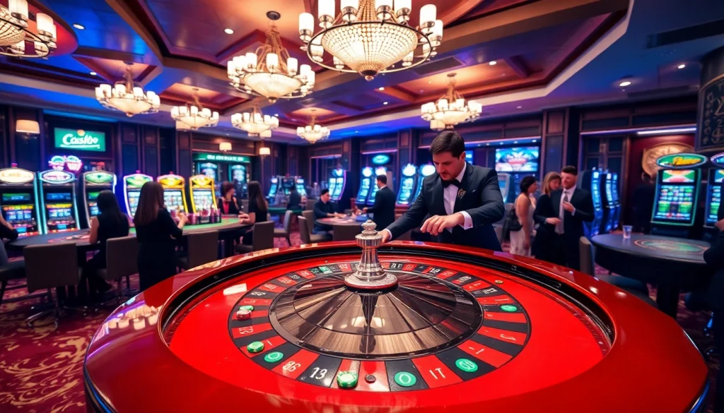 Experience the excitement at LC88 Casino with players engaged at a roulette table, vibrant chips, and luxurious decor.