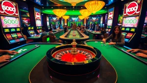 Exciting SODO casino scene with vibrant tables, cards, and roulette wheel.