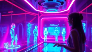 Engaging NSFW character AI chat interface in a futuristic digital environment.