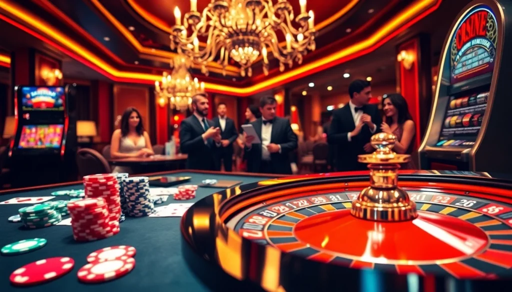 Exciting casino scene showcasing 88vv's vibrant gameplay with roulette and poker elements.