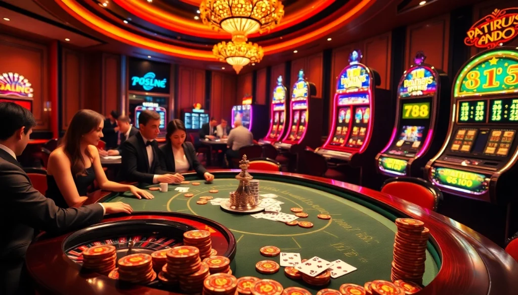 A vibrant casino scene with poker players and roulette wheel showcasing excitement at https://789pa.in.net/.