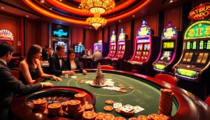 A vibrant casino scene with poker players and roulette wheel showcasing excitement at https://789pa.in.net/.