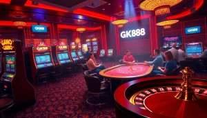 Join the action at GK88 with illuminated casino tables and vibrant slot machines for an exciting gaming experience.