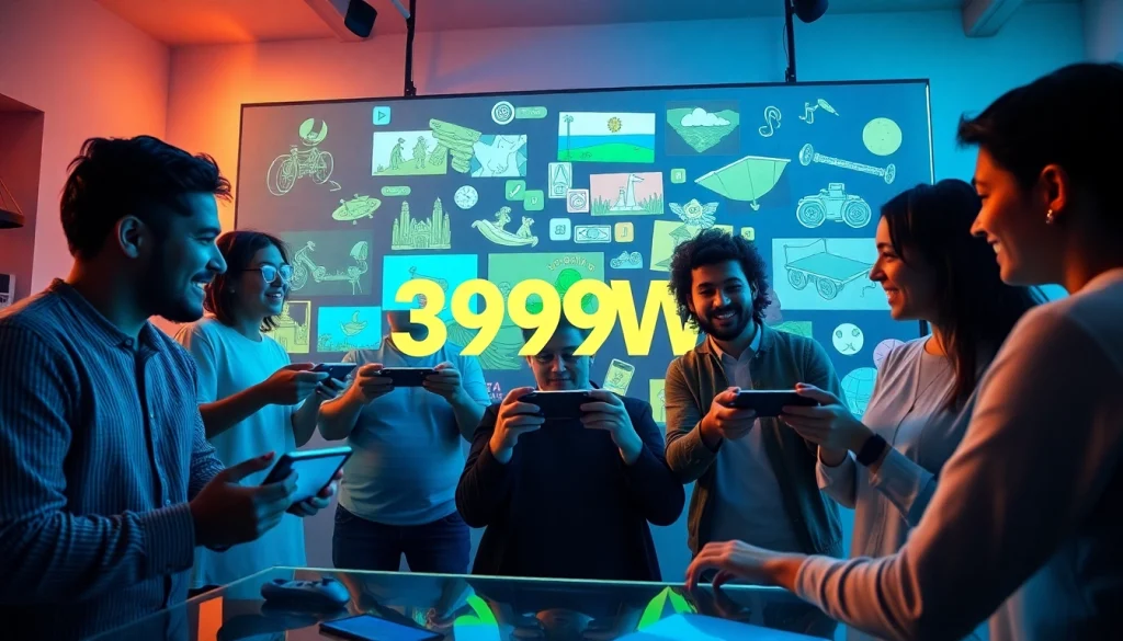Collaborative gaming scene representing 399W online platform with creative users.