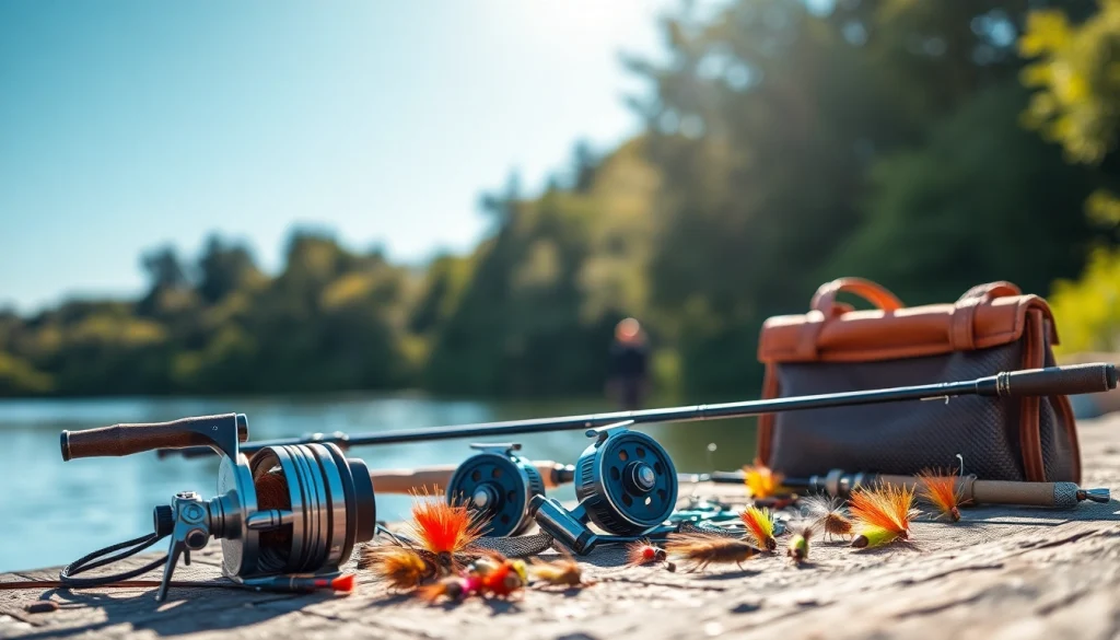 Showcase of a Fly fishing kit featuring various rods and reels for outdoor enthusiasts.