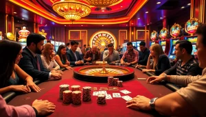 B52-themed poker table showcasing vibrant poker chips and players in an exciting casino environment.