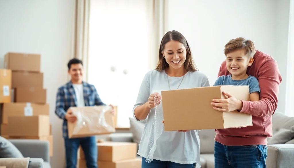 Family enjoying residential moving service while packing their belongings in a cozy living room.