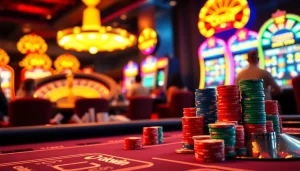 Exciting poker action enhances the okwin gaming atmosphere in this luxurious casino scene.