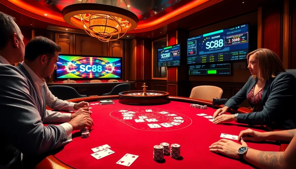 Engaged players at a luxurious casino table featuring SC88 technology, poker chips, and cards.