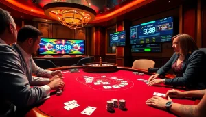 Engaged players at a luxurious casino table featuring SC88 technology, poker chips, and cards.