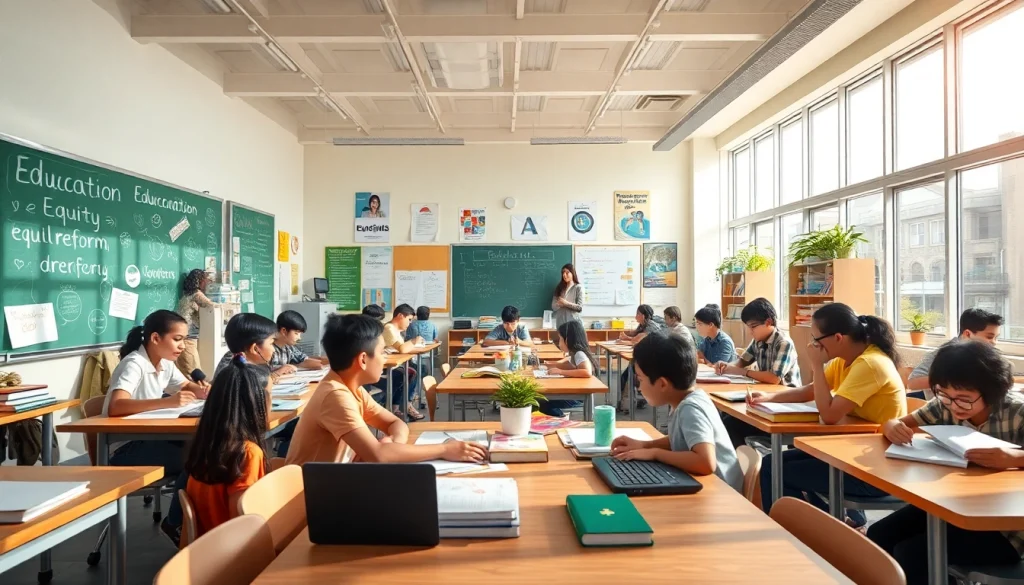 Education reform in a vibrant classroom with diverse students collaborating on projects.