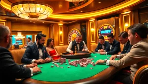Players enjoying a thrilling poker game at 888new casino, surrounded by vibrant colors and atmosphere.