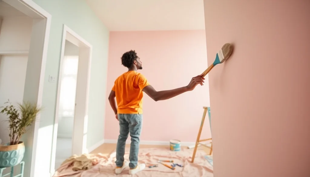 Professional painter working on vibrant walls, showcasing expert interior painting companies.