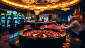 33win players enjoying an intense game at a lavish casino roulette table.