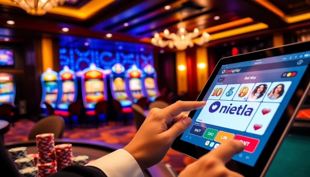 Player enjoying Onicplay's exciting slot games in a luxurious online casino setup.