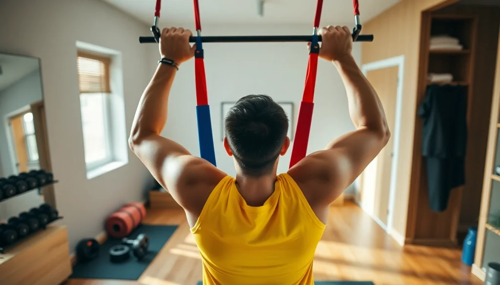 Fitness enthusiast performing assisted pull-up bands exercises in a home gym.