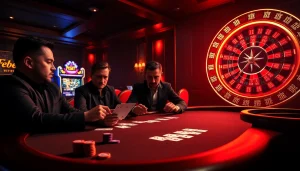 Febet poker table with vibrant chips and excited players in a luxurious casino setting.