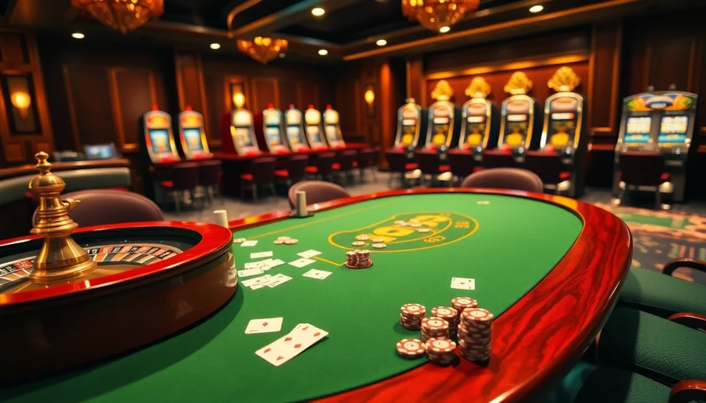 Rasakan sensasi Datuk Win di meja kasino yang elegan dengan chip poker dan kartu yang sedang dimainkan.