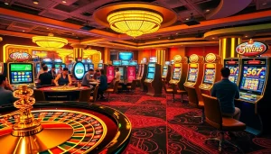 Players enjoy thrilling games at 555win casino, showcasing excitement and luxury.