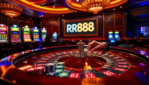 Experience high-stakes gambling with RR88 at an elegant casino table filled with vibrant chips and cards.