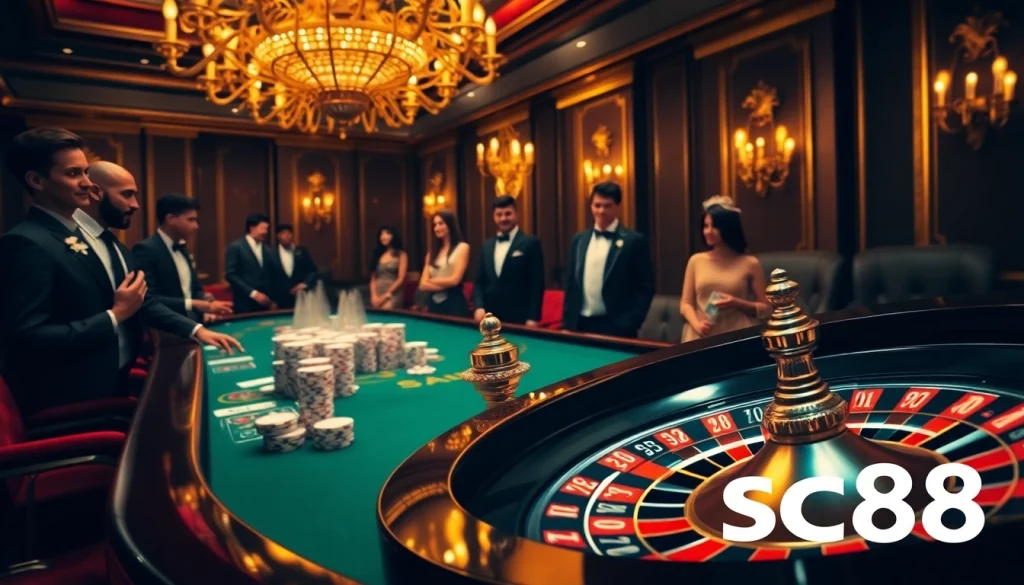 Experience the thrill of winning with SC88 at a luxurious casino scene featuring roulette and poker.