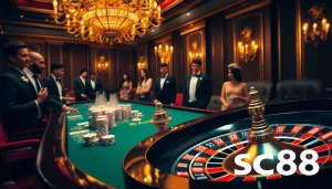 Experience the thrill of winning with SC88 at a luxurious casino scene featuring roulette and poker.
