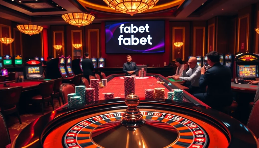 Fabet players engaging in a lively roulette game at a luxurious casino environment.