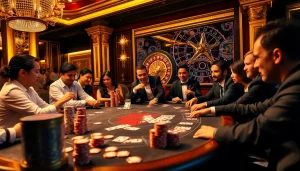 Experience high-stakes poker action at Five88.foo, featuring intense players and luxury decor.
