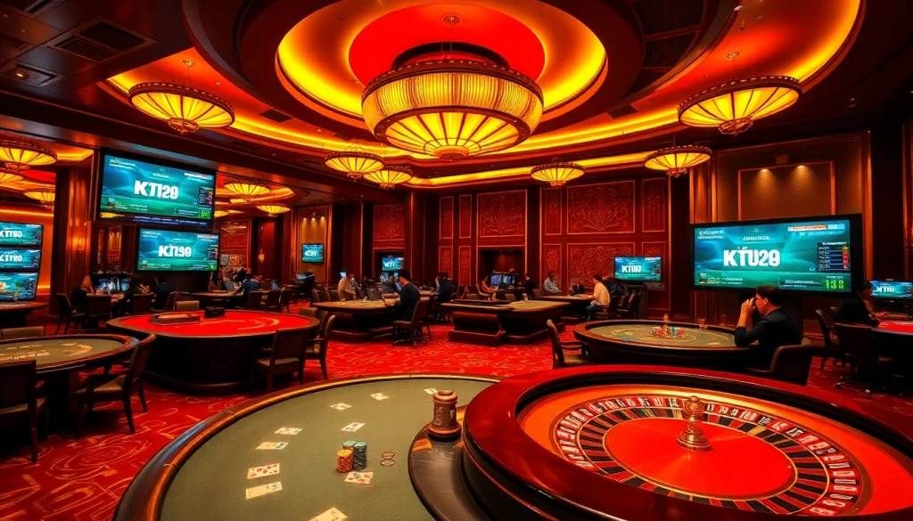 KJC's luxurious gaming experience with poker tables and roulette wheels in a vibrant casino.