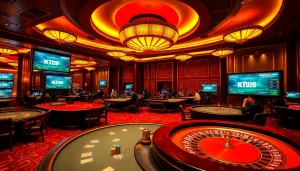 KJC's luxurious gaming experience with poker tables and roulette wheels in a vibrant casino.
