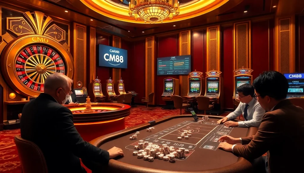 Exciting casino scene showcasing CM88-themed poker games and vibrant slot machines.